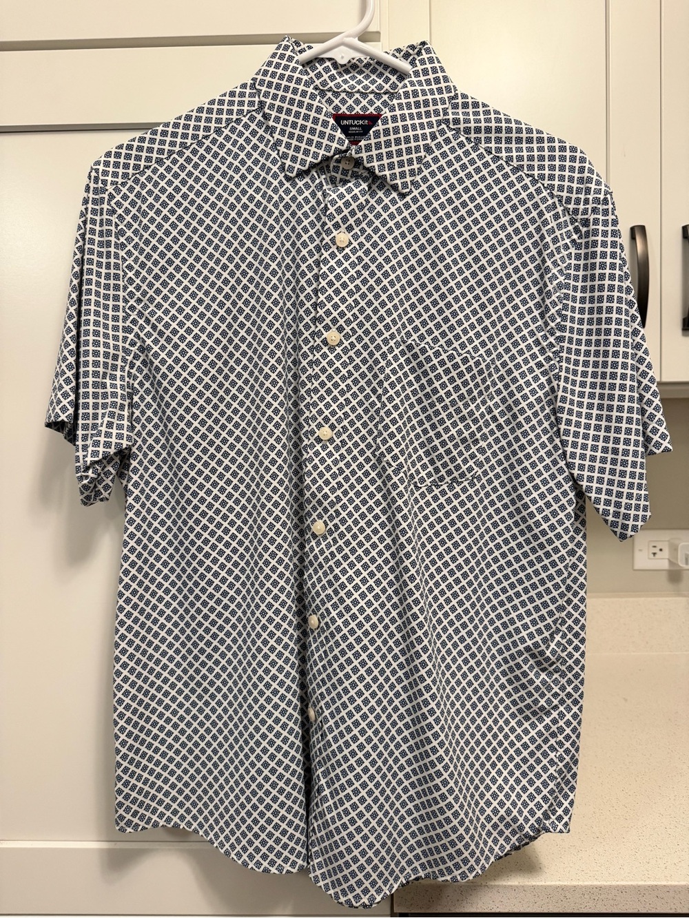 UNTUCKit Navy and White Geometric Short Sleeve Button-Down Shirt